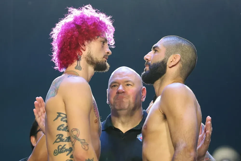 Sean O’Malley delivers a right hand to Aiemann Zahabi.