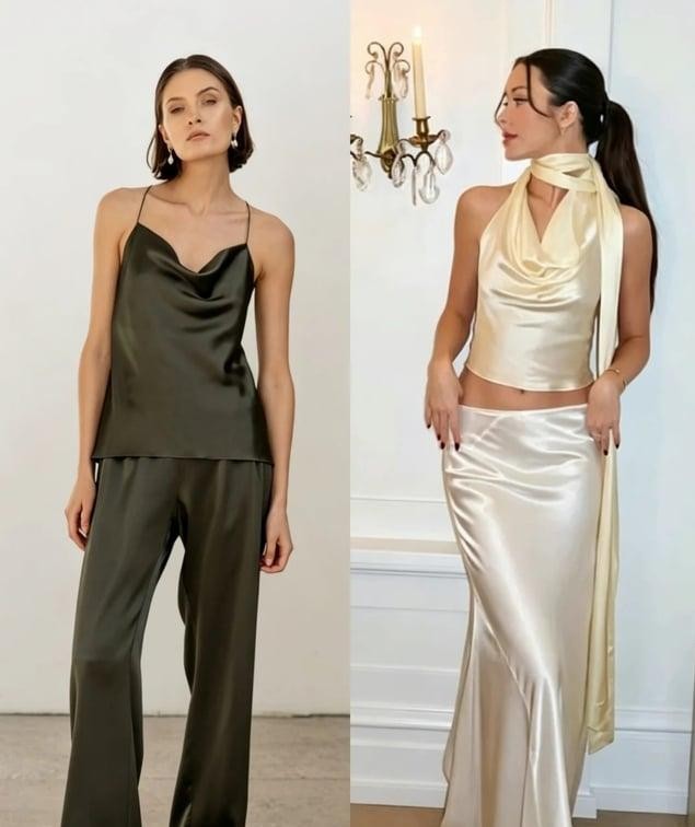 Những tông màu như trắng ngà, kem, be, xám khói, nâu chocolate hay đen được đánh giá cao bởi khả năng tôn lên vẻ đẹp của chất liệu satin.