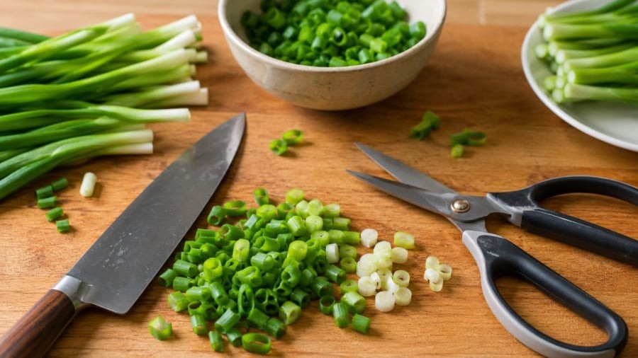 Dao và kéo sẽ tạo ra những miếng hành lá khác nhau