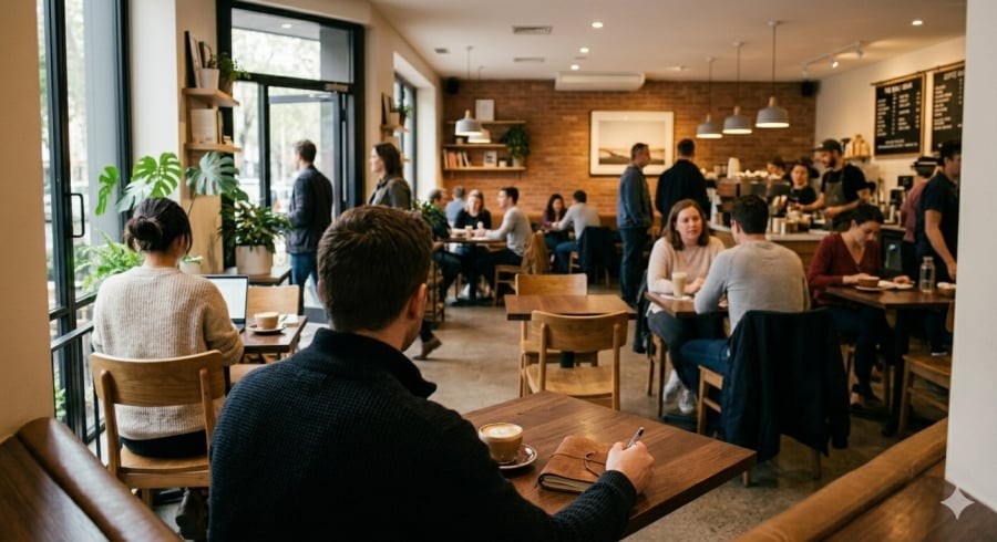 Vị trí ngồi ở góc giúp nhiều người dễ quan sát không gian mà không trở thành tâm điểm chú ý.