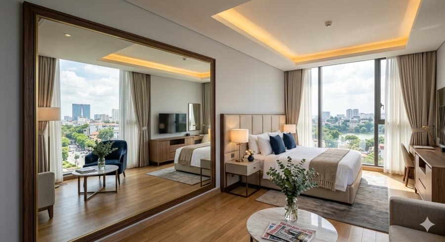Gương lớn giúp căn phòng có cảm giác rộng và sáng hơn so với diện tích thực tế.