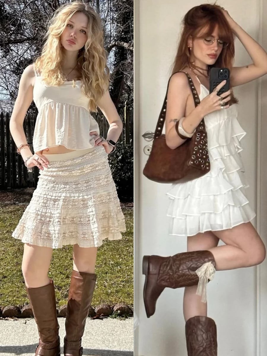 Khi đi cùng boots da, vẻ ngoài trở nên cá tính hơn, tránh cảm giác quá ngây thơ thường thấy ở những thiết kế babydoll truyền thống.