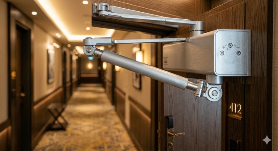 Tay co thủy lực là bộ phận quan trọng giúp cửa luôn khép kín, tăng an toàn và bảo đảm an ninh cho khách lưu trú.