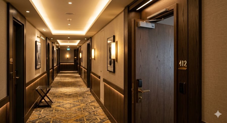 Tay co thủy lực giúp cửa phòng khách sạn tự động đóng lại với tốc độ ổn định và an toàn.