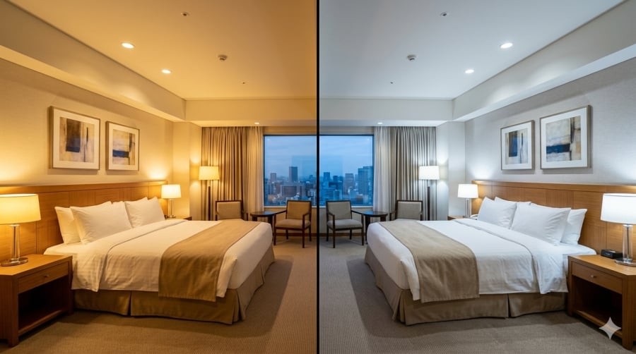 Chỉ cần thay đổi màu sắc ánh sáng cũng có thể tạo nên sự khác biệt lớn về cảm giác thoải mái và trải nghiệm của khách lưu trú.