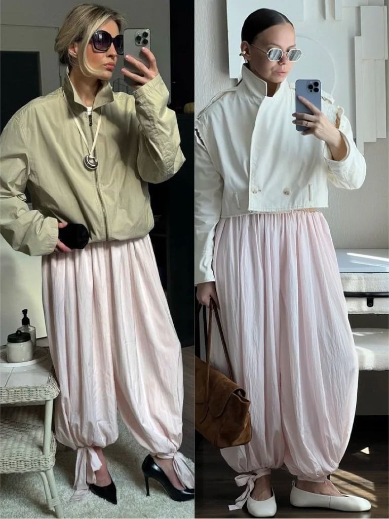 Quần hồng pastel không chỉ phù hợp với phong cách nữ tính mà còn có thể trở nên cá tính khi kết hợp cùng các thiết kế mang phom dáng mạnh mẽ. 