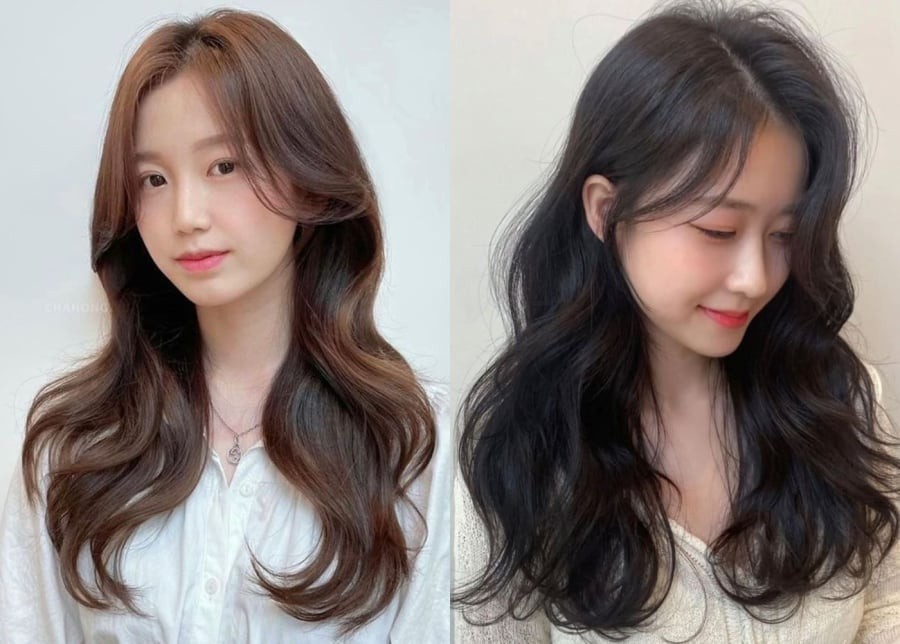 Phần tóc được uốn tự nhiên buông dọc hai bên má tạo hiệu ứng che bớt góc cạnh và giúp gương mặt trông thanh thoát hơn.