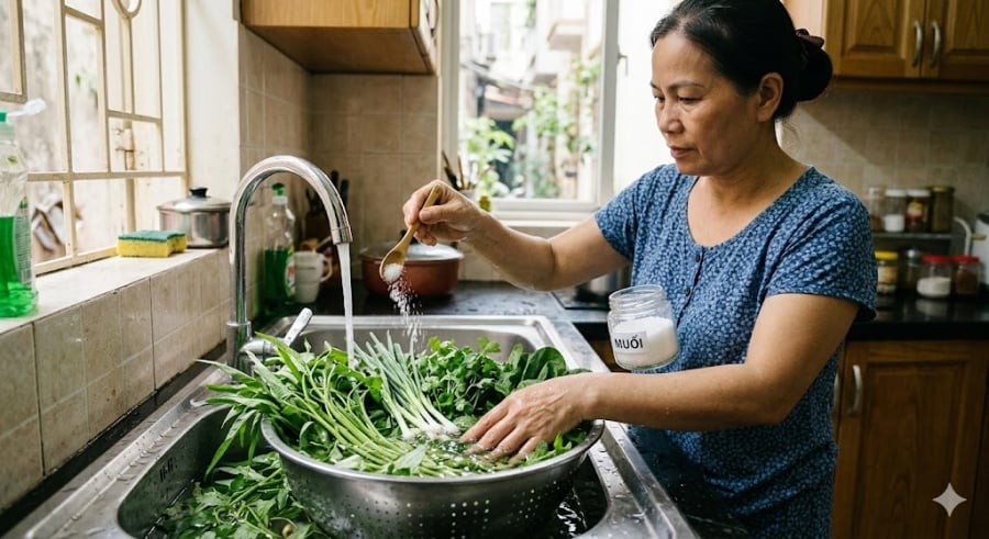 Nước muối không chỉ giúp làm sạch mà còn hỗ trợ kháng khuẩn bề mặt.