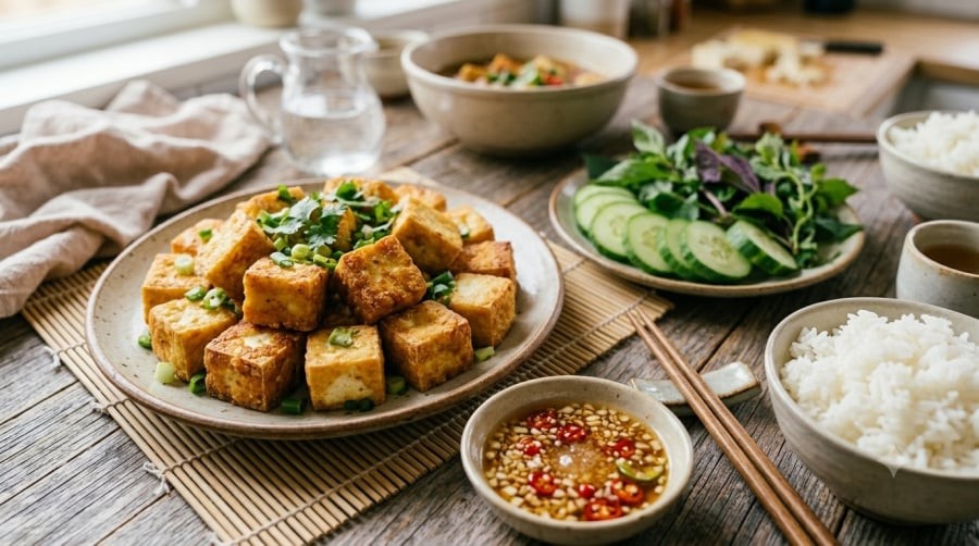 Đậu phụ chiên vàng đều, giòn bên ngoài nhưng vẫn mềm béo bên trong là món ăn dân dã, dễ kết hợp với nhiều món trong bữa cơm hằng ngày.
