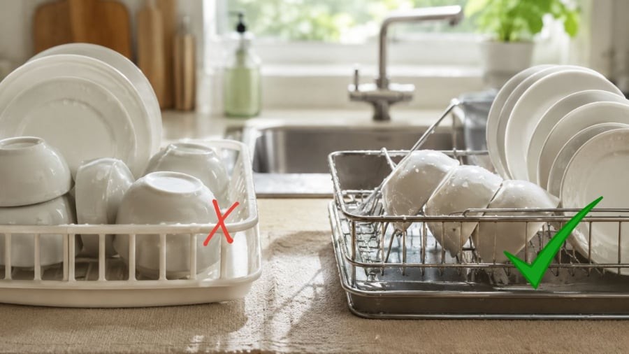 Trước đây rửa xong nhiều gia đình úp ngay bát đĩa chồng lên nhau vào kệ, nhưng giờ nhiều nhà chuyển sang cách để nghiêng cho khô