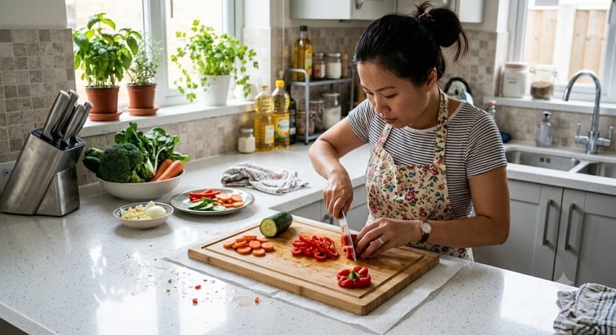 Tờ giấy nhỏ dưới thớt giúp cố định bề mặt, hạn chế trơn trượt khi sơ chế thực phẩm.