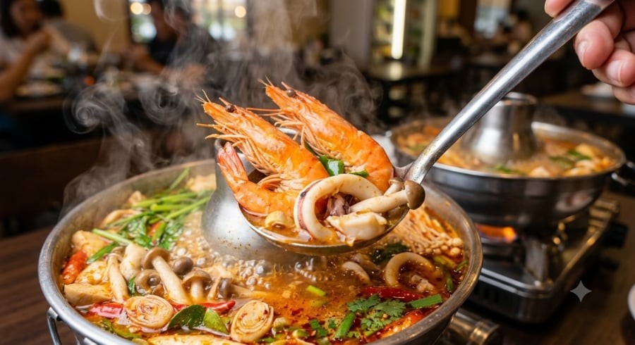 Nước dùng trong, chua thanh, cay nhẹ là bí quyết tạo nên sức hút của món lẩu Thái.