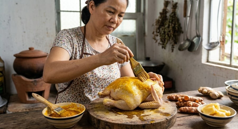 Quét hỗn hợp nghệ tươi và mỡ gà là mẹo đơn giản giúp da gà lên màu vàng tự nhiên, đẹp mắt.