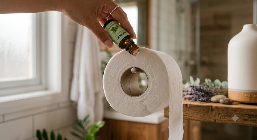 Đừng chỉ treo giấy vệ sinh lên! Hãy nhỏ vài giọt tinh dầu yêu thích vào lõi bìa cứng của cuộn giấy.

