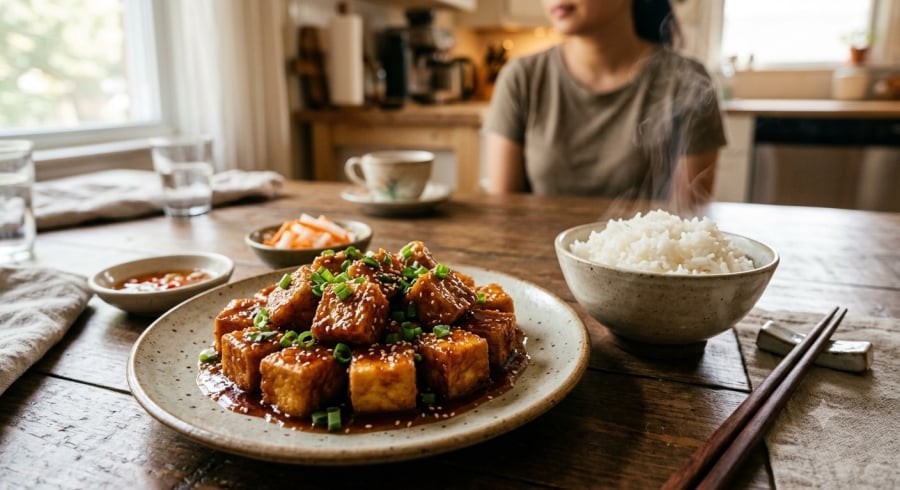 Đậu hũ chiên giòn sốt mặn ngọt với lớp vỏ vàng ruộm, phủ nước sốt sánh bóng đậm đà, là món ăn đơn giản nhưng cực kỳ đưa cơm cho bữa cơm gia đình.