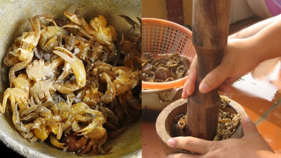 Cua mua về cần được làm sạch, giã với một chút muối hạt.