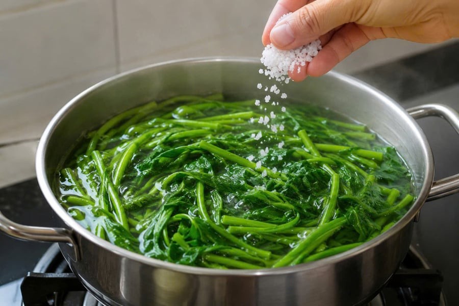 Thả muối vào luộc rau xanh mướt