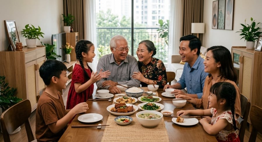 Những cuộc trò chuyện và bữa cơm sum họp thường mang lại niềm vui giản dị nhưng vô cùng ý nghĩa đối với người lớn tuổi.