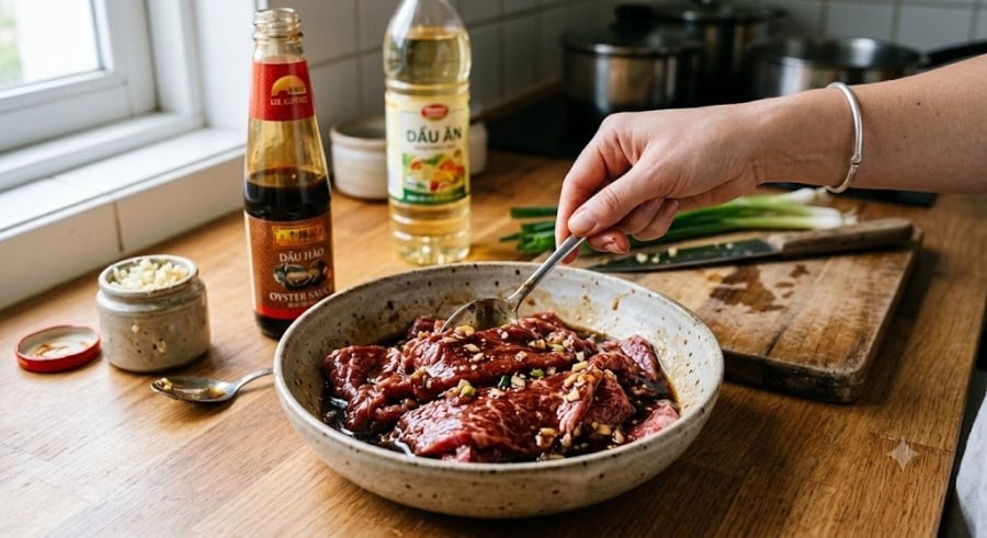 Loại bỏ mùi tanh bằng cách xoa bóp thịt với nước cốt gừng, hành lá. Lưu ý: Phải thấm thật khô bề mặt thịt trước khi ướp gia vị.