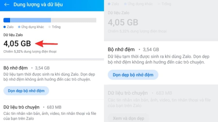 Sau khi kiểm tra dụng lượng dữ liệu của Zalo, bạn có thể tiến hành xóa bộ nhớ đệm.