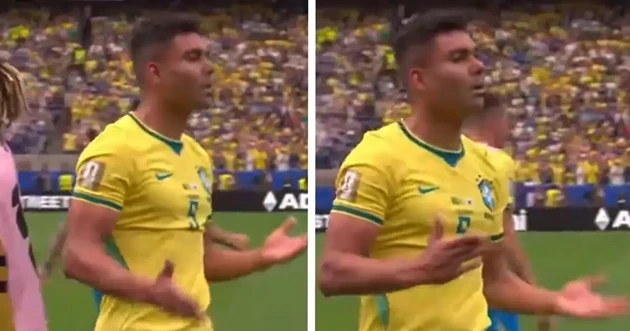 Cử chỉ tay của Casemiro sau khi ghi bàn thắng quan trọng cho ĐT Brazil. Ảnh: X