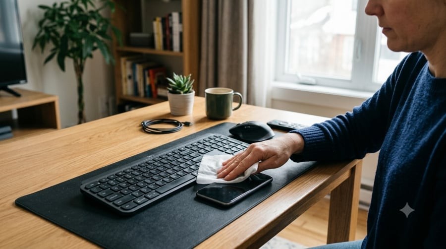 Điện thoại, bàn phím và điều khiển từ xa là những vật dụng được chạm vào nhiều lần mỗi ngày nhưng thường bị bỏ quên khi vệ sinh, làm tăng nguy cơ tích tụ vi khuẩn trên bề mặt.
