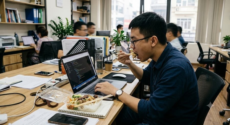 Trong nhịp sống hiện đại, việc vừa ăn vừa dán mắt vào màn hình điện thoại hay laptop đã trở thành 