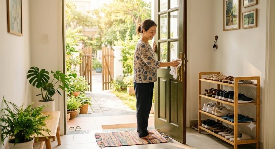 Theo quan niệm phong thủy, cửa chính luôn sạch sẽ, ngăn nắp được xem là yếu tố giúp không gian sống thông thoáng và tạo cảm giác đón nguồn năng lượng tích cực.
