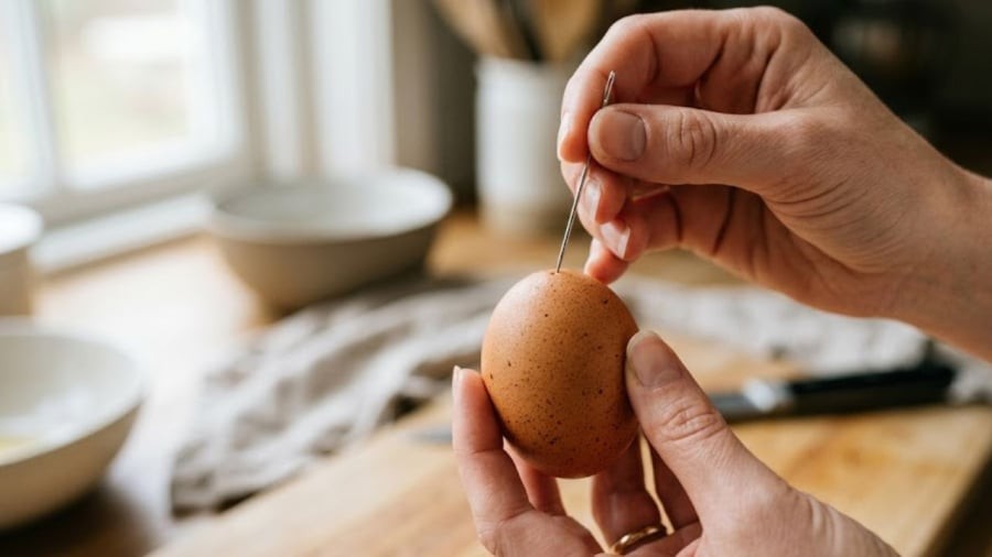 Dùng kim chọc một lỗ nhỏ ở vỏ trứng sẽ giúp trứng luộc chín đều hơn, dễ bóc vỏ hơn.