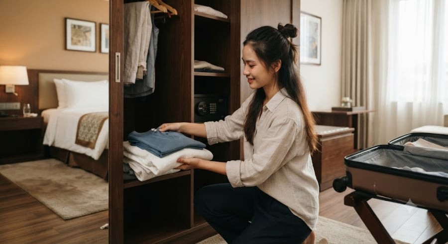 Tủ quần áo tại khách sạn trông có vẻ sạch sẽ, nhưng phía sau lớp cửa gỗ đó là những yếu tố mà bạn không thể nhìn thấy bằng mắt thường. 