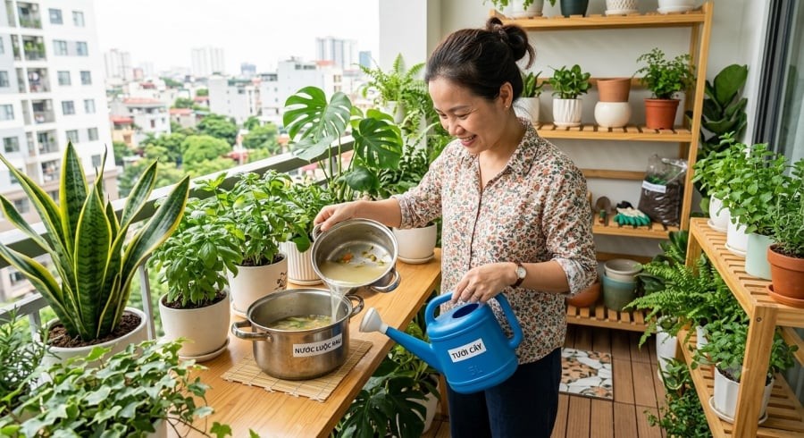 Nước luộc rau không chứa muối hay gia vị có thể được tận dụng để tưới cây sau khi để nguội hoàn toàn.