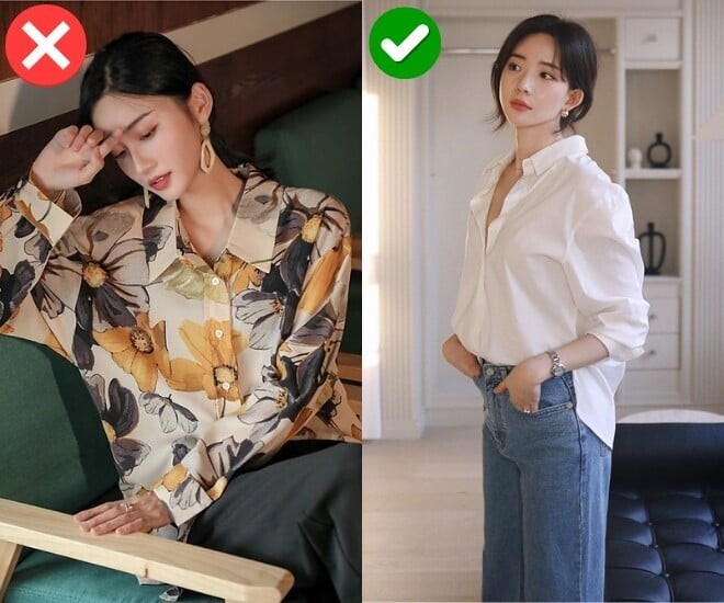 Những chiếc áo phủ kín họa tiết lớn, màu sắc quá nổi hoặc kết hợp nhiều tông màu tương phản thường khiến tổng thể trang phục trở nên rối mắt.