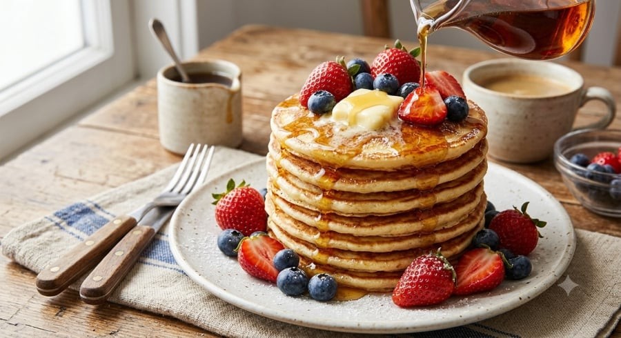 Bánh pancake mềm xốp với lớp vỏ vàng đều, ăn kèm bơ và mật ong tạo nên hương vị thơm béo, hấp dẫn cho bữa sáng.