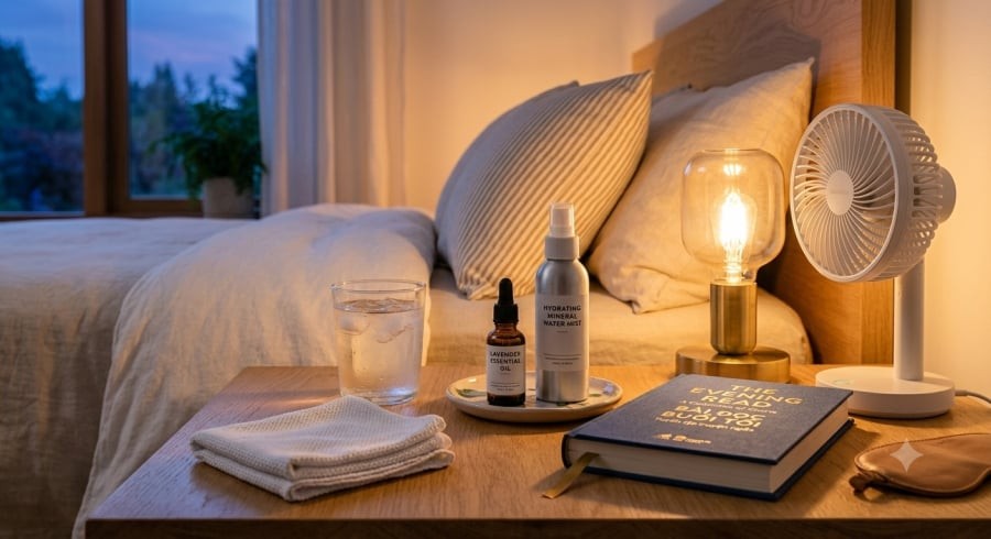 Bình xịt khoáng, tinh dầu dịu nhẹ và ánh sáng phù hợp là những lựa chọn được nhiều người sử dụng để tạo cảm giác thư thái trước khi đi ngủ vào mùa hè.