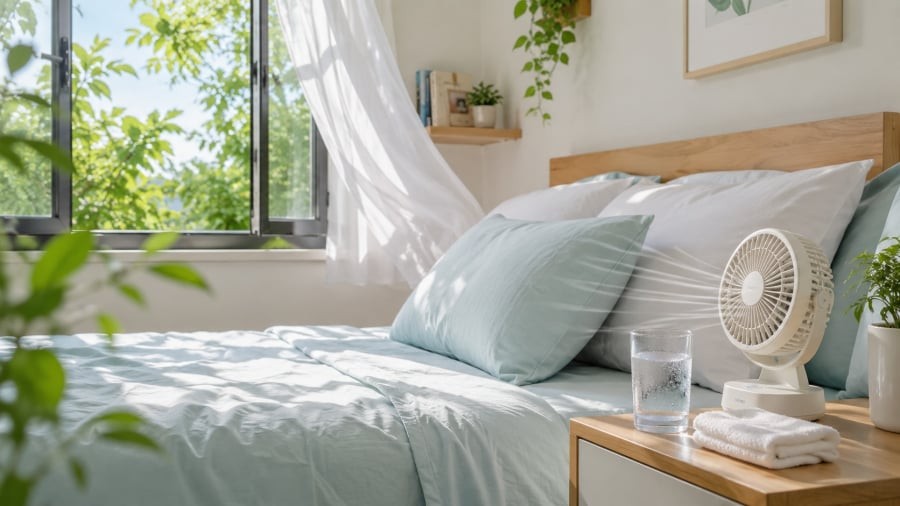 Một vài vật dụng đơn giản đặt cạnh giường có thể giúp không gian nghỉ ngơi trở nên thoải mái hơn trong những đêm hè nóng bức.