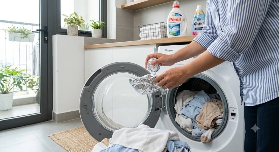 Vo tròn giấy bạc và cho vào lồng giặt là mẹo được nhiều người áp dụng để hỗ trợ giảm hiện tượng tích điện tĩnh trên quần áo.