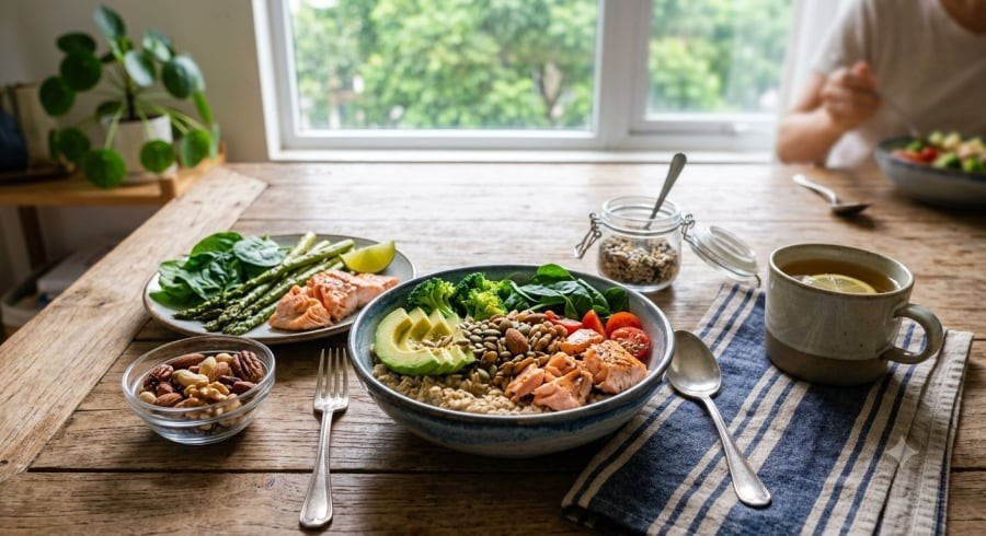 Bữa ăn lành mạnh với rau xanh, yến mạch, cá hồi, quả bơ và các loại hạt trên bàn ăn.
