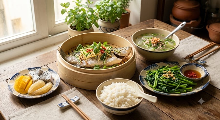 Thực đơn ưu tiên món hấp, luộc và hầm kết hợp rau xanh, protein nạc giúp cung cấp dinh dưỡng cân bằng, đồng thời hỗ trợ hệ tiêu hóa hoạt động nhẹ nhàng hơn.