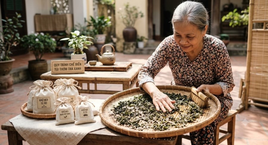 Phơi khô lá trà sau khi pha là bước quan trọng giúp tận dụng nguyên liệu này để khử mùi trong nhiều không gian của gia đình.