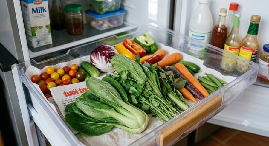 Kết hợp giấy hút ẩm với cách bảo quản phù hợp giúp hạn chế nước ngưng tụ, giảm nguy cơ rau bị úng và nhanh hỏng.