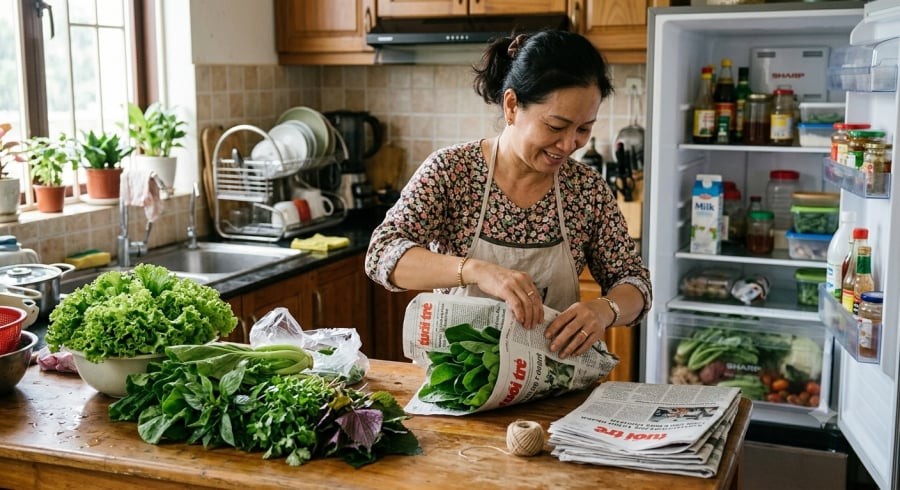 Bọc rau bằng giấy báo hoặc giấy hút ẩm đúng cách có thể giúp điều hòa độ ẩm, giữ rau tươi lâu hơn trong tủ lạnh.