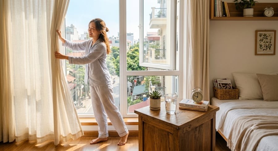 Bắt đầu ngày mới bằng ánh sáng tự nhiên và một cốc nước giúp cơ thể tỉnh táo hơn.