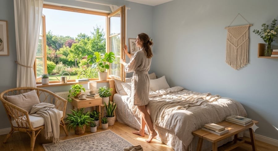 Thông gió tự nhiên mỗi sáng góp phần giảm độ ẩm, hạn chế nấm mốc và giúp tinh thần sảng khoái hơn.