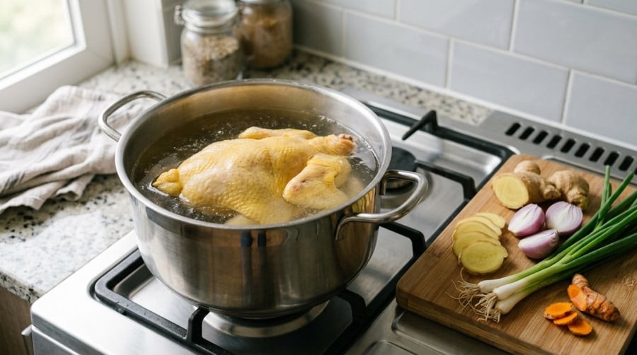 Chuẩn bị nước luộc ở nhiệt độ ấm cùng gừng, hành và nghệ giúp gà thơm ngon, da vàng đẹp tự nhiên.