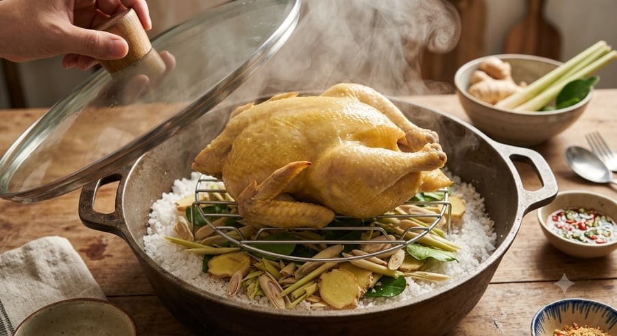 Muối hạt kết hợp với sả và gừng giúp truyền nhiệt đều, làm chín gà mà không cần thêm nước.