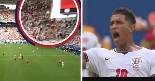 Bàn thắng gỡ hòa của Bellingham gây tranh cãi khi bóng đã chạm cáp treo camera trước đó. Ảnh: Sporty TV