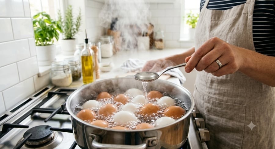 Chỉ cần thêm một ít giấm vào nước luộc có thể giúp trứng dễ bóc vỏ hơn.