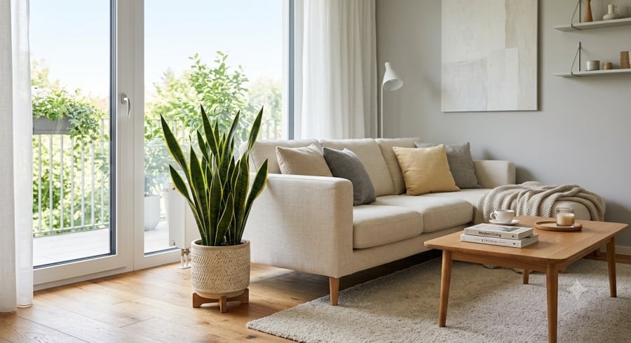 Cây lưỡi hổ đặt ở phòng khách vừa tạo điểm nhấn cho không gian, vừa được nhiều người tin rằng giúp thu hút tài lộc và mang lại nguồn năng lượng tích cực.
