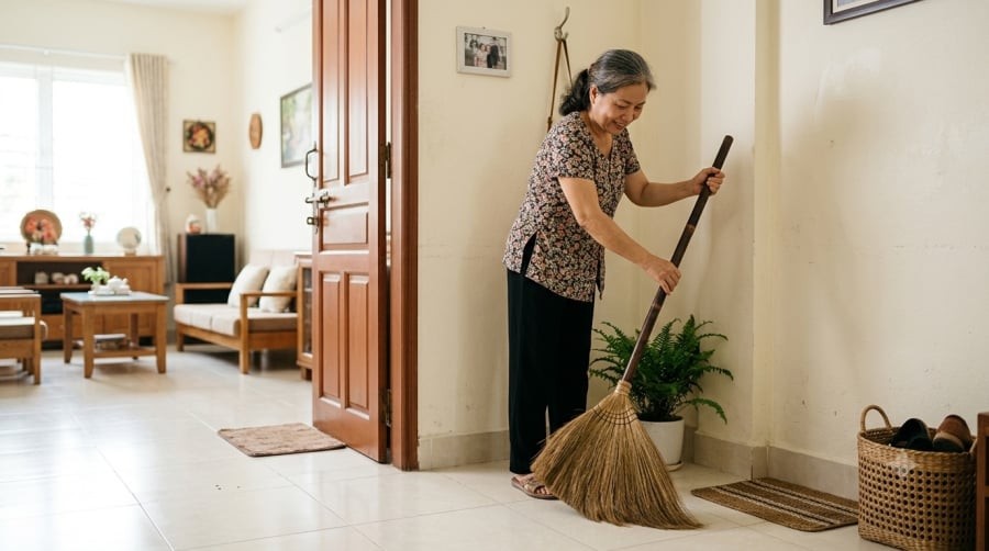 Nhiều gia đình vẫn duy trì thói quen dựng chổi với phần đầu quay vào trong như một cách giữ gìn sự gọn gàng và theo quan niệm dân gian là 