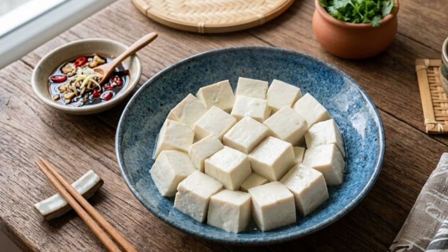 Đậu phụ được làm từ đậu nành, có hàm lượng protein thực vật dồi dào, dễ tiêu hóa và không chứa cholesterol.